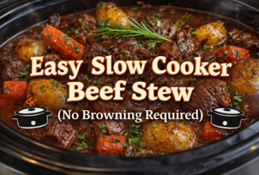 creative banner image with this text on it Easy Slow Cooker Beef Stew (No Browning Required)