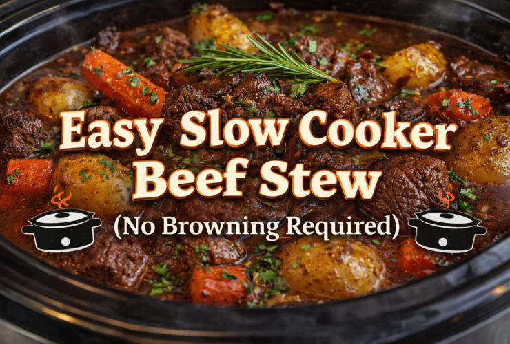creative banner image with this text on it Easy Slow Cooker Beef Stew (No Browning Required)